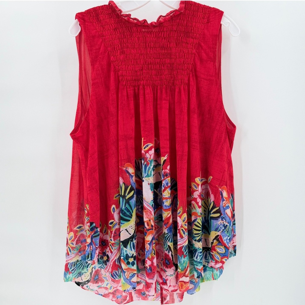 DELETTA Anthropologie Red Floral Bird Print Smocked High Neck Sleeveless Top XL